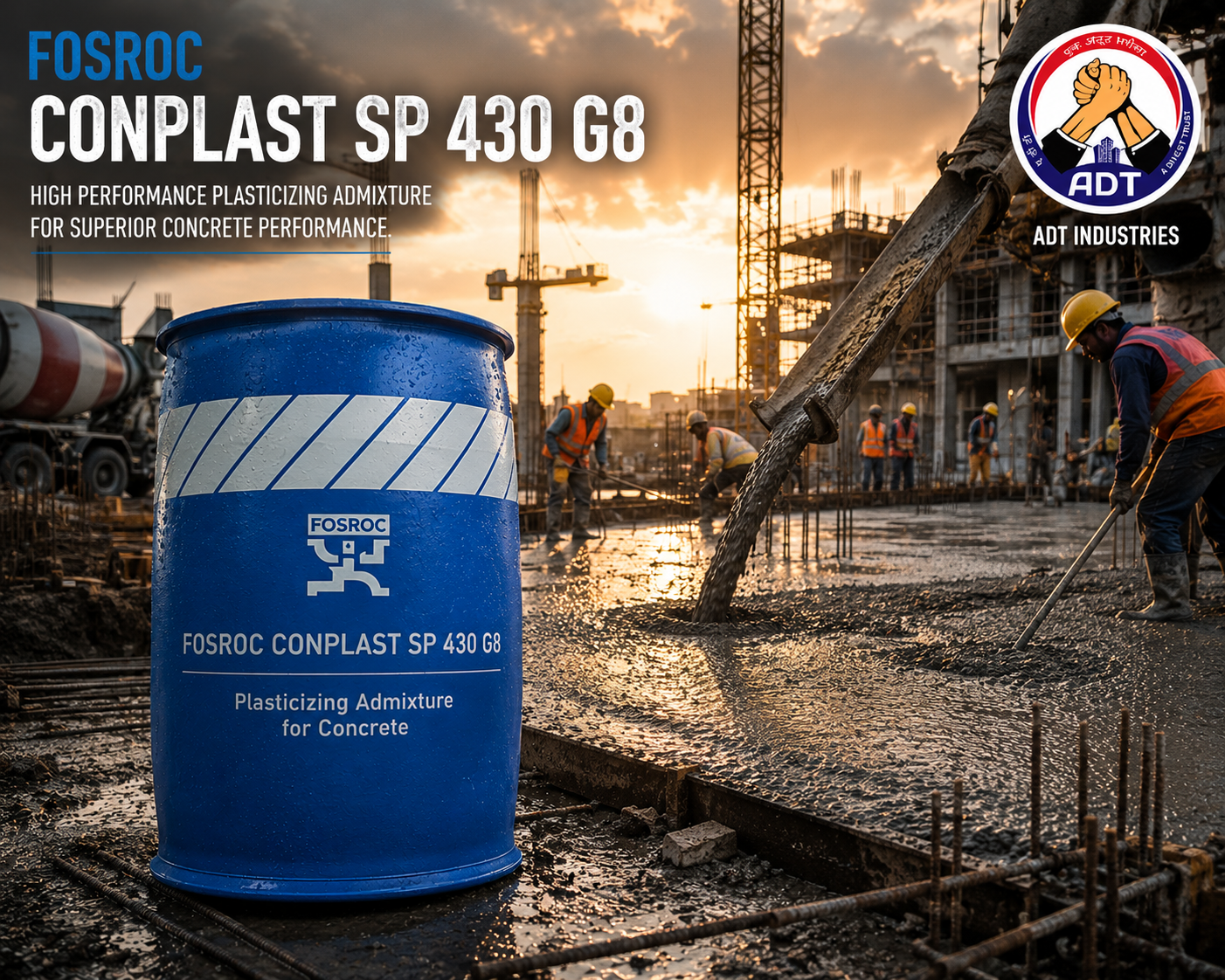 Fosroc Conplast SP430G8 product close up — SNF based superplasticizer admixture specifications Fosroc India
