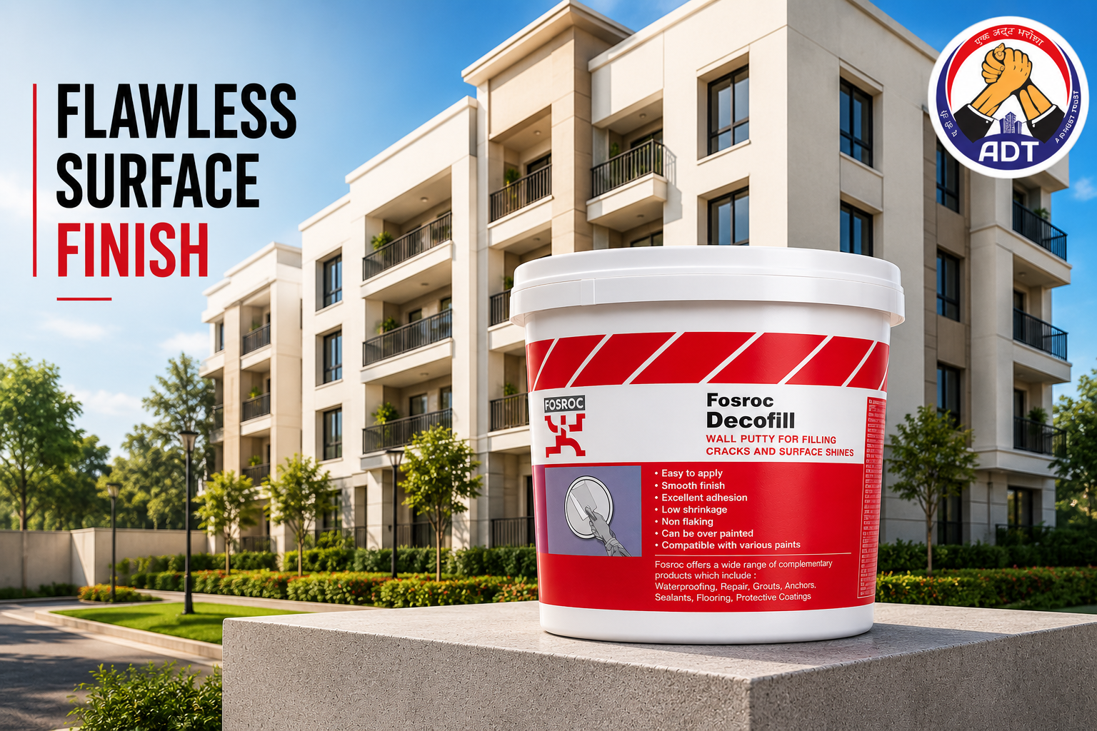 Fosroc Decofill crack filler giving a smooth paint ready finish over a wall crack
