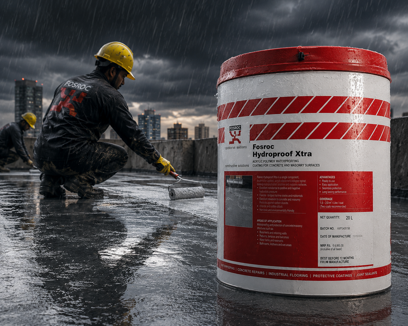 Fosroc Hydroproof Xtra — tough impermeable waterproofing membrane that protects structures from driving rain, sunrays and moisture ingress





