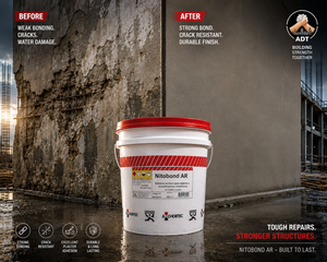 Nitobond AR mixed into cement repair mortar — acrylic resin polymer bonding agent for cementitious waterproofing and repair India
