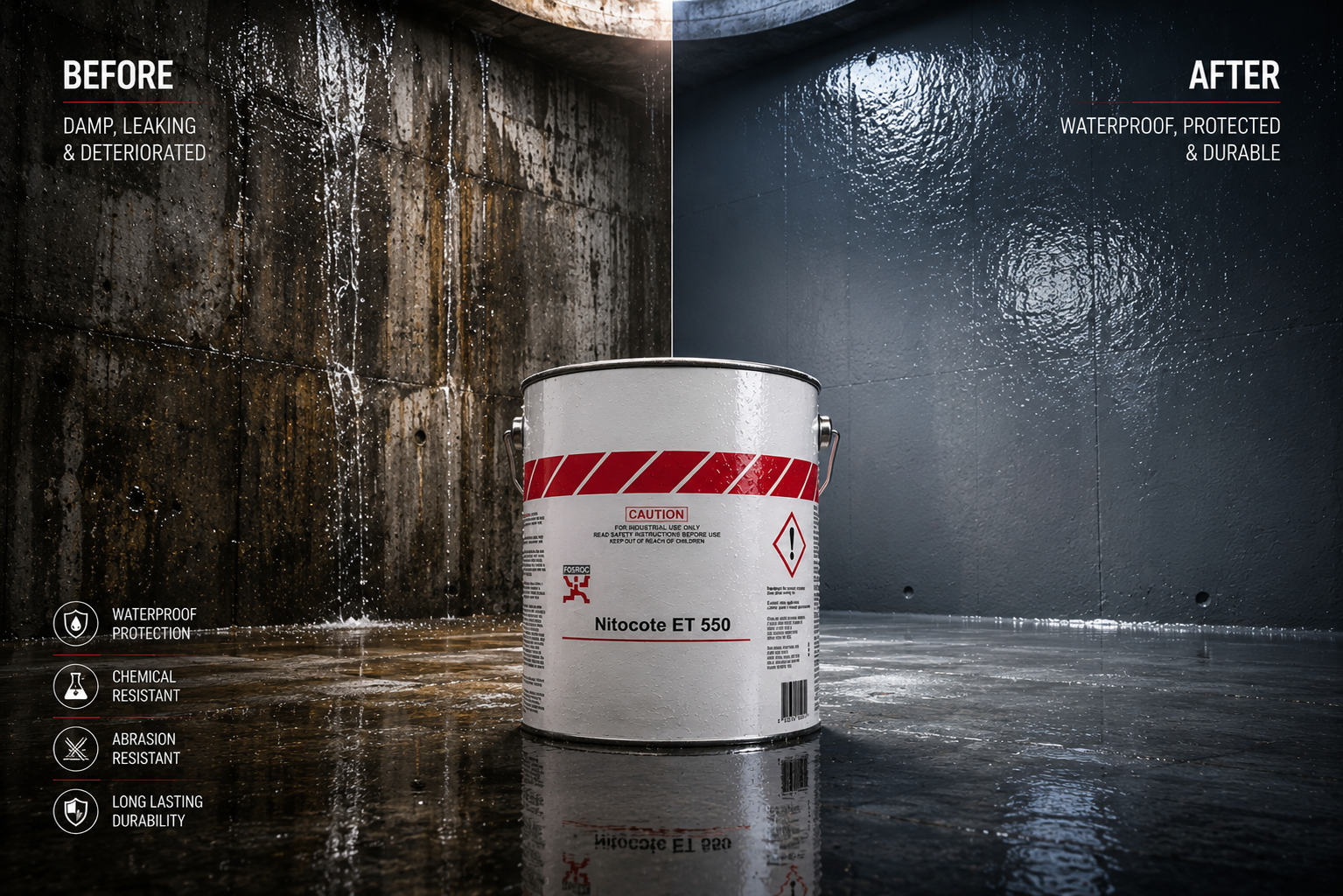 Fosroc Nitocote ET 550 product close up — two-component epoxy tar protective coating specifications Fosroc India
