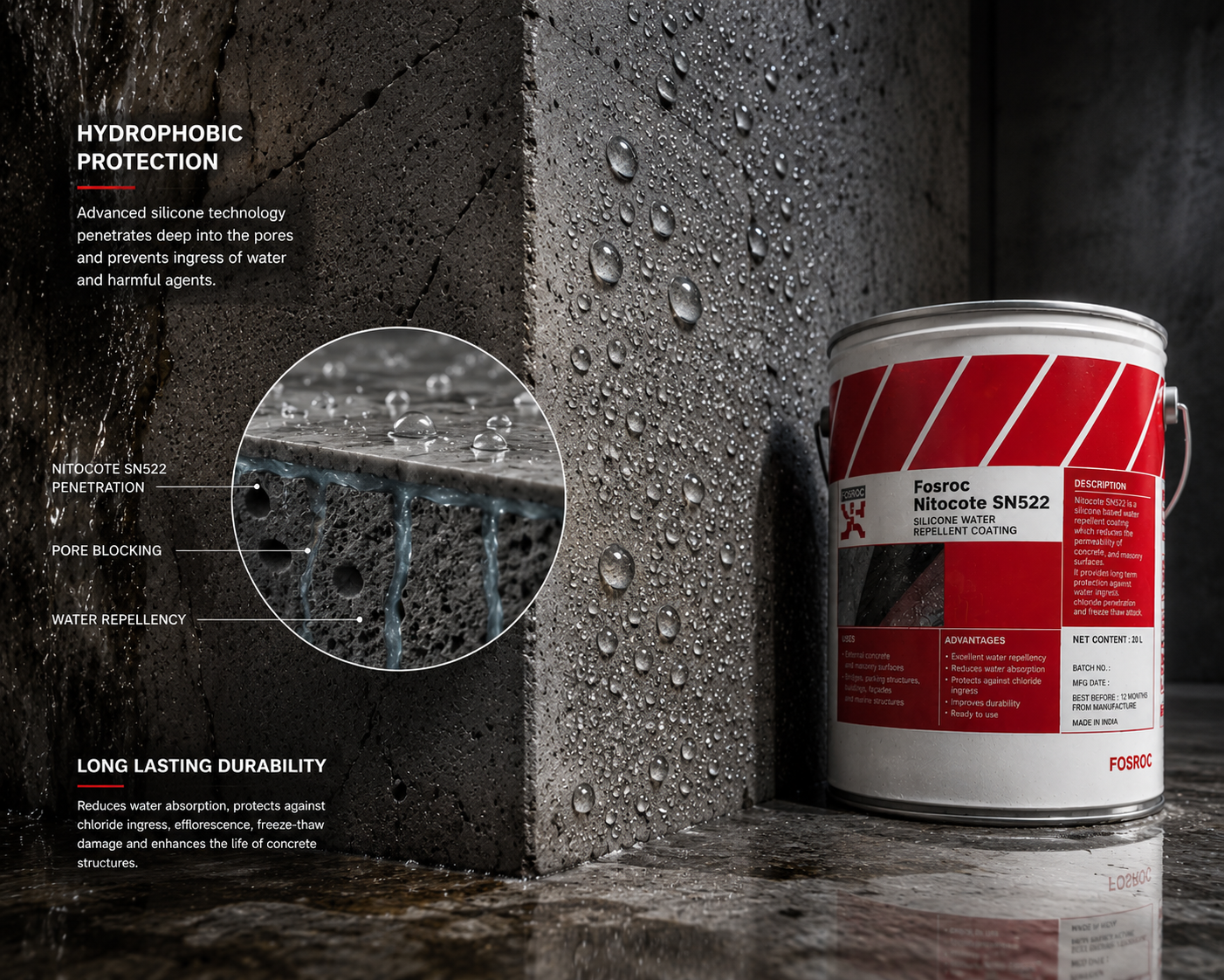 Nitocote SN 522 by Fosroc — breathable water repellent coating for exterior walls, facades, bridges and exposed concrete structures




