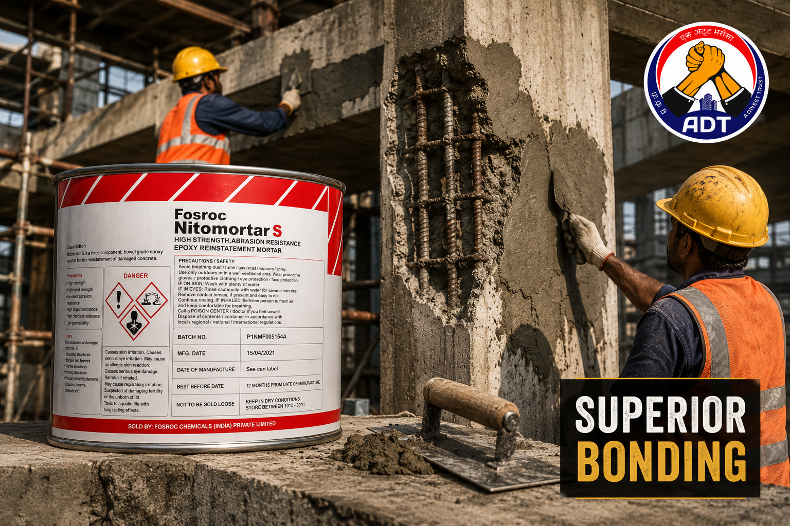 Solvent-free epoxy repair mortar Nitomortar S applied to damaged concrete surface — structural repair confined environment India
