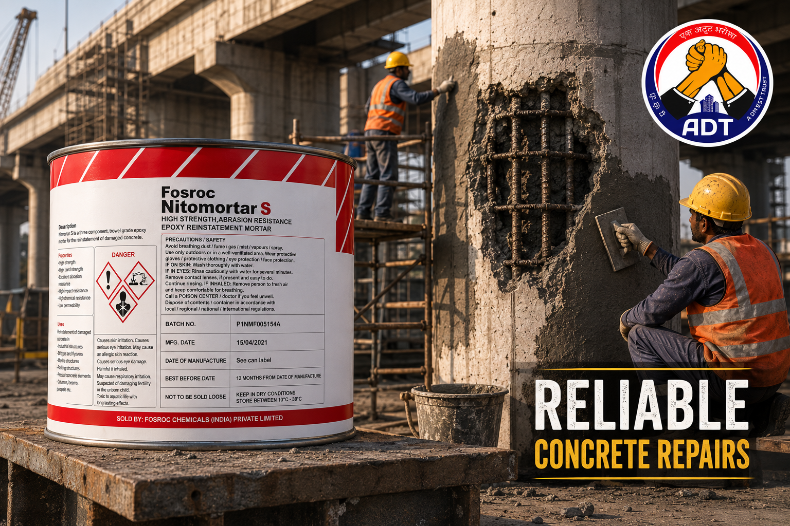 Concrete section restored with Fosroc Nitomortar S — solvent-free epoxy repair mortar high strength chemical resistance India
