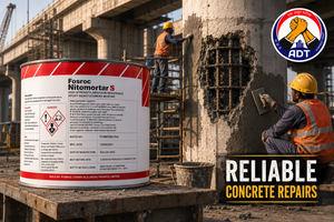 Concrete section restored with Fosroc Nitomortar S — solvent-free epoxy repair mortar high strength chemical resistance India

