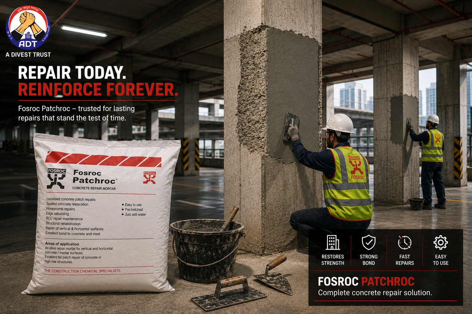 Rapid-setting repair mortar Fosroc Patchroc being applied to damaged concrete floor — fast patch repair operational surface India
