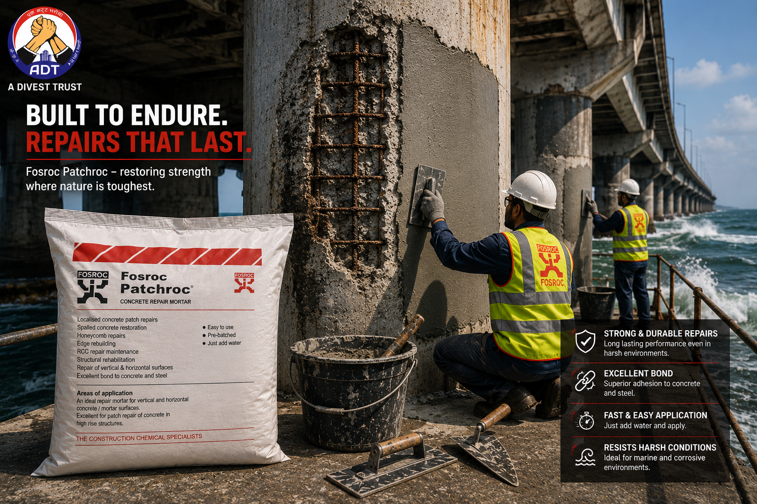 Rapid-setting repair mortar Fosroc Patchroc being applied to damaged concrete floor — fast patch repair operational surface India
