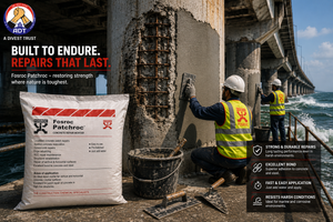 Rapid-setting repair mortar Fosroc Patchroc being applied to damaged concrete floor — fast patch repair operational surface India
