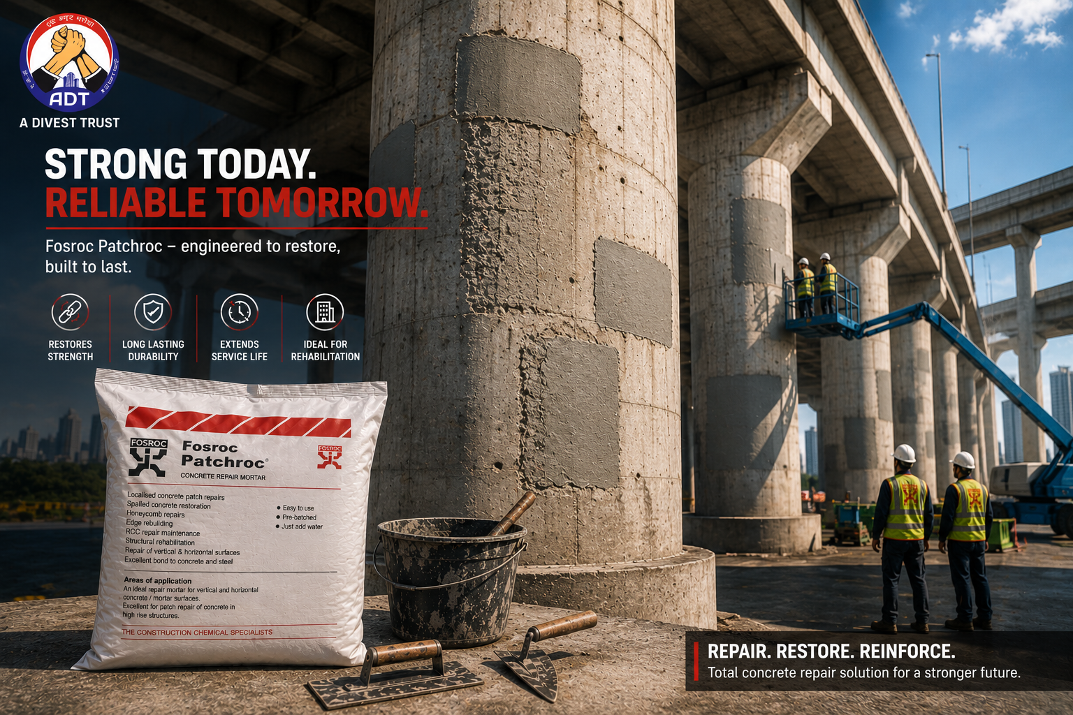 Fosroc Patchroc product close-up — rapid-setting repair mortar fast concrete patch repair specifications India
