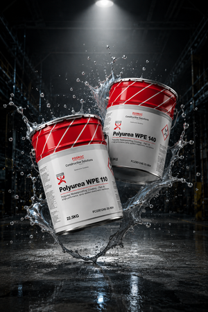 Fosroc Polyurea WH 200 Dusty Grey spray application on rooftop — seamless polyurea waterproofing chemical coating Fosroc India
