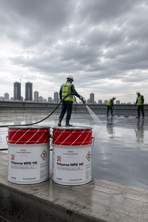 Fosroc Polyurea WH 200 RAL7037 application on concrete surface — spray-applied polyurea waterproof coating for contractors India
