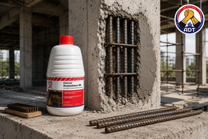 Fosroc Reebaklens RR rust remover bottle beside corroded steel reinforcement in a concrete column under repair India