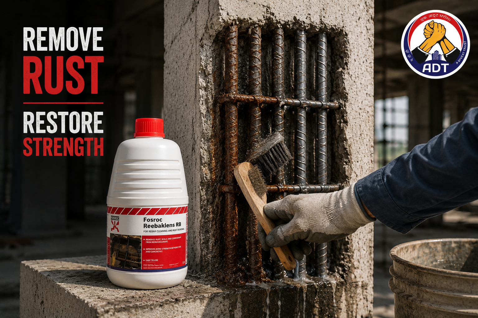 Fosroc Reebaklens RR removing rust from exposed reinforcement steel to restore structural strength during concrete repair