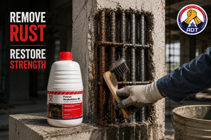 Fosroc Reebaklens RR removing rust from exposed reinforcement steel to restore structural strength during concrete repair