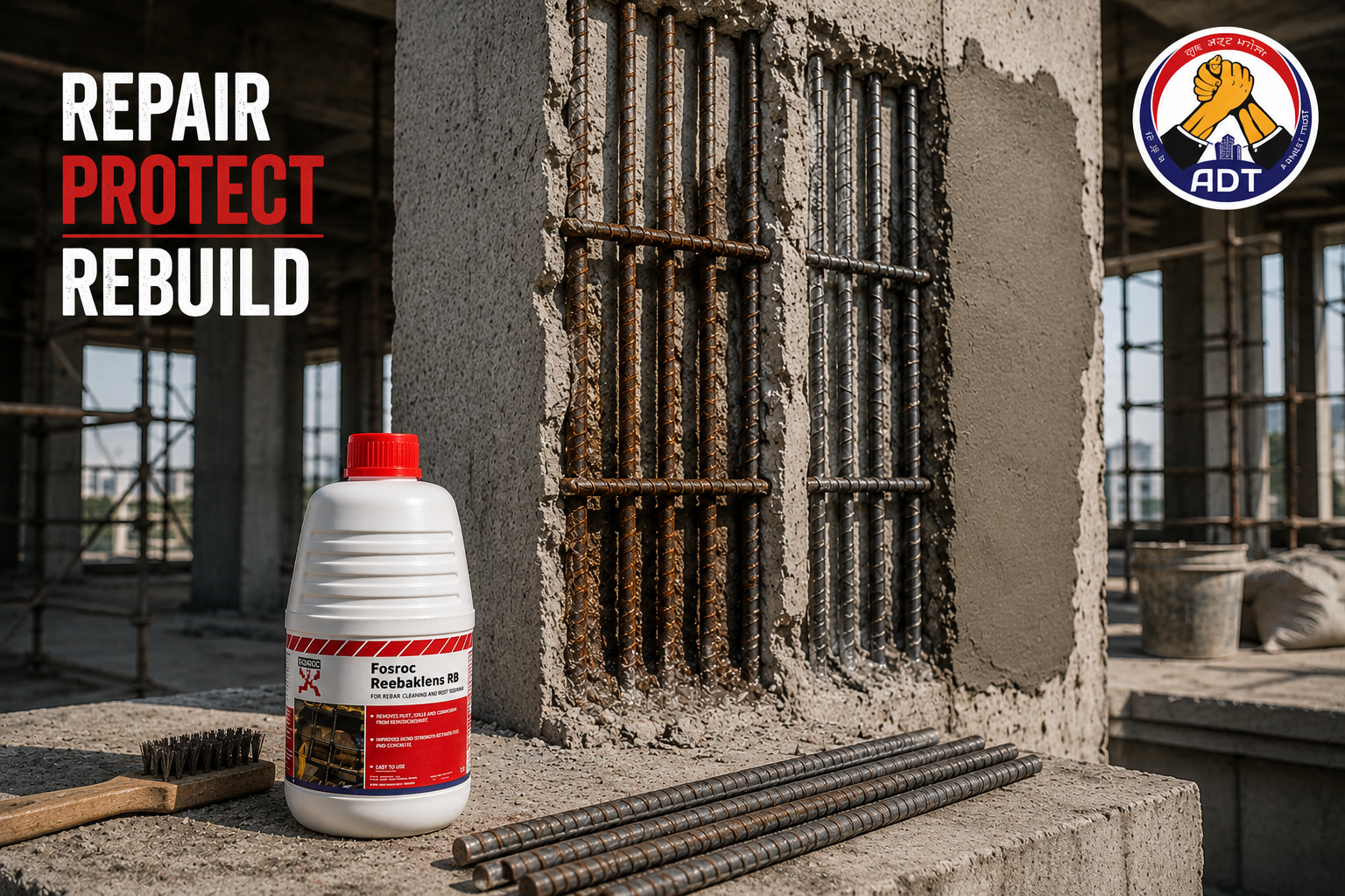 Fosroc Reebaklens RR rust remover used to repair, protect and rebuild corroded reinforced concrete structures India
