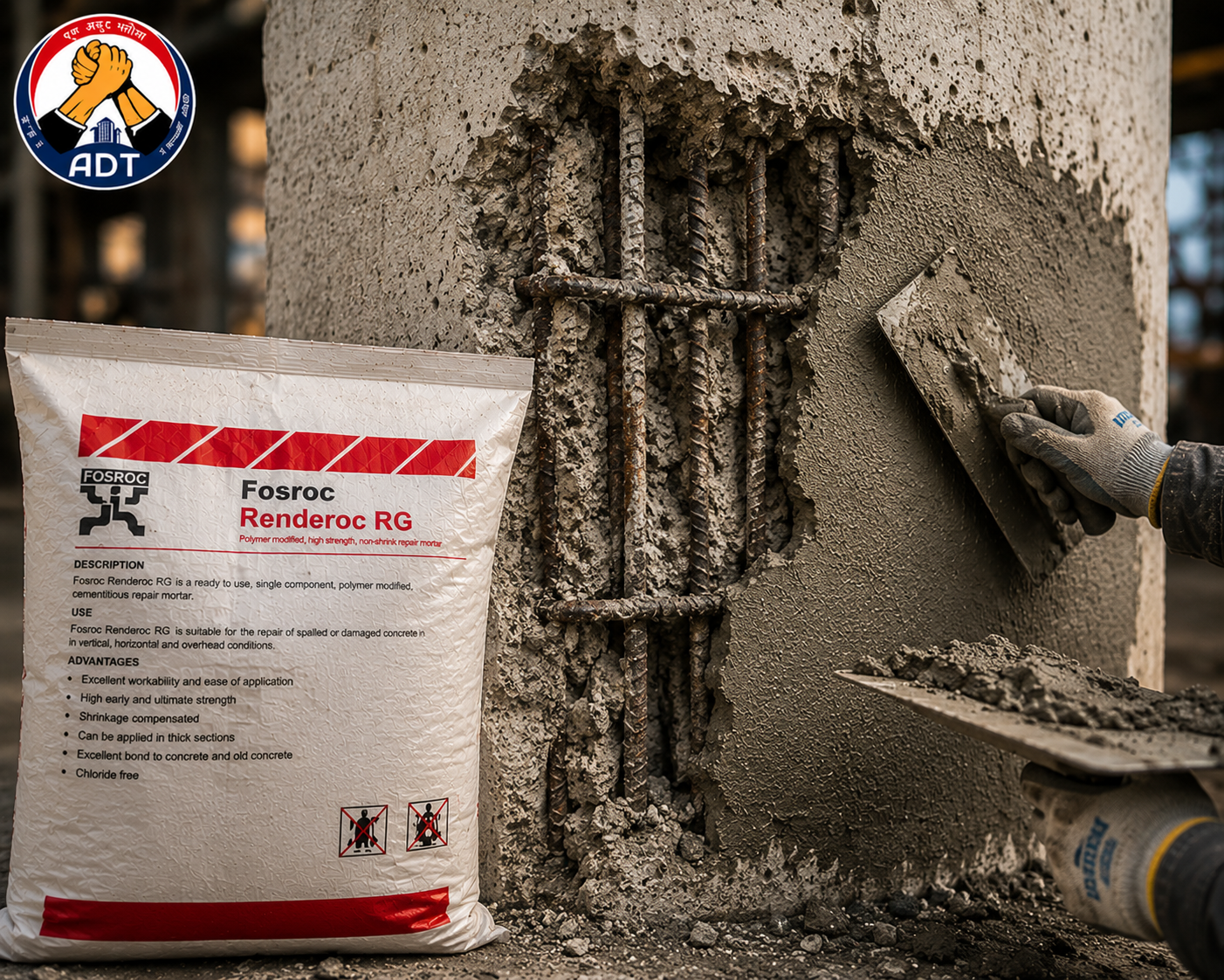 Concrete column base restored with FOSROC RENDEROC RG — general purpose repair micro concrete strong bond structural repair India
