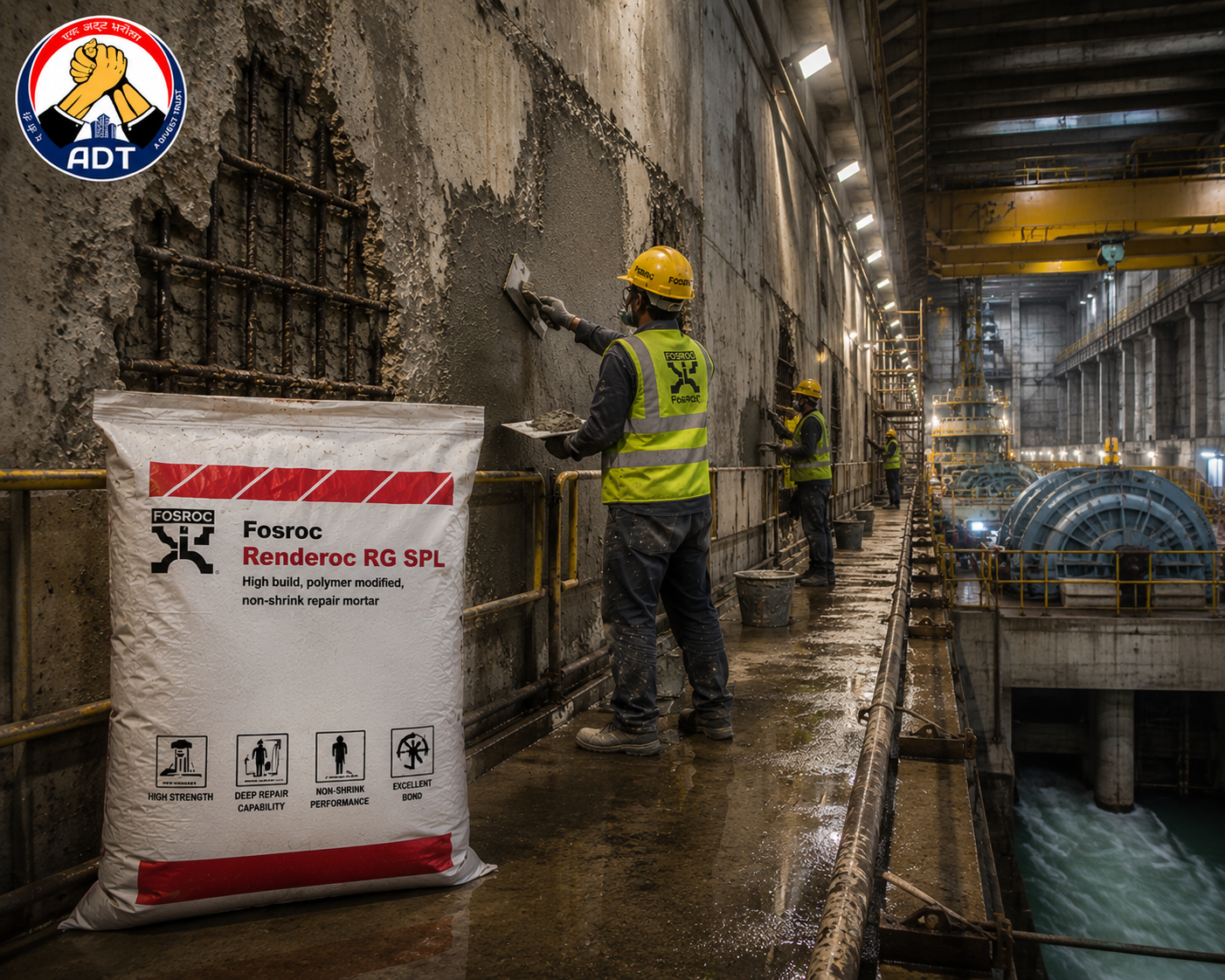 Rapid-strength repair micro concrete FOSROC RENDEROC RG SPL applied to damaged concrete column — fast-track structural restoration India
