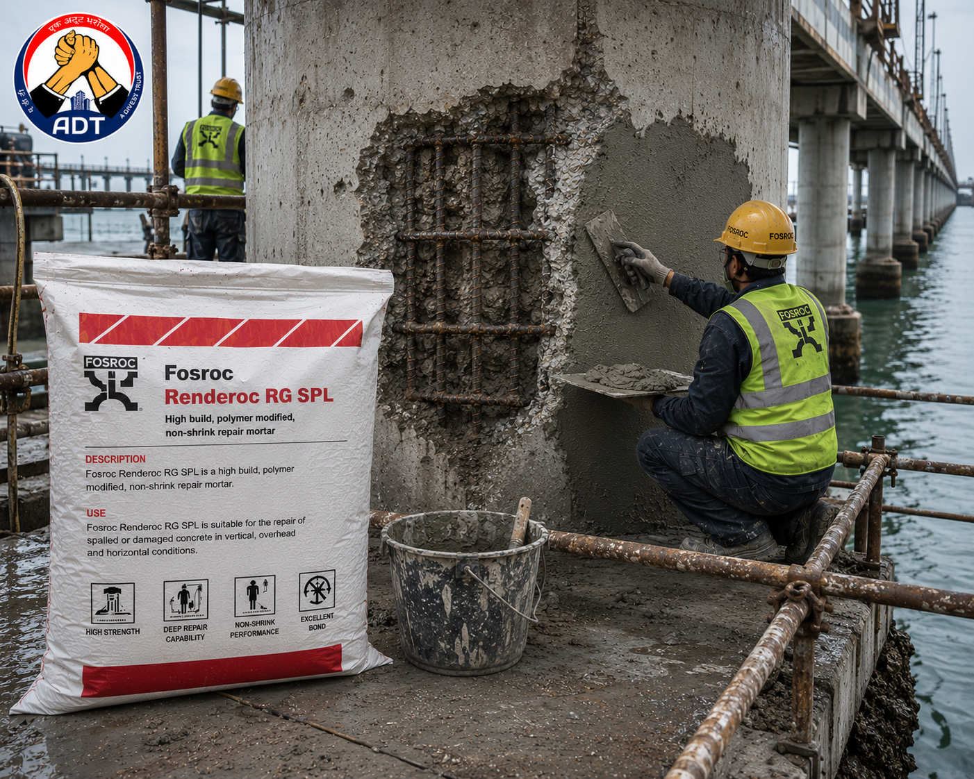 FOSROC RENDEROC RG SPL product close-up — rapid-strength repair micro concrete fast-track structural repair specifications India
