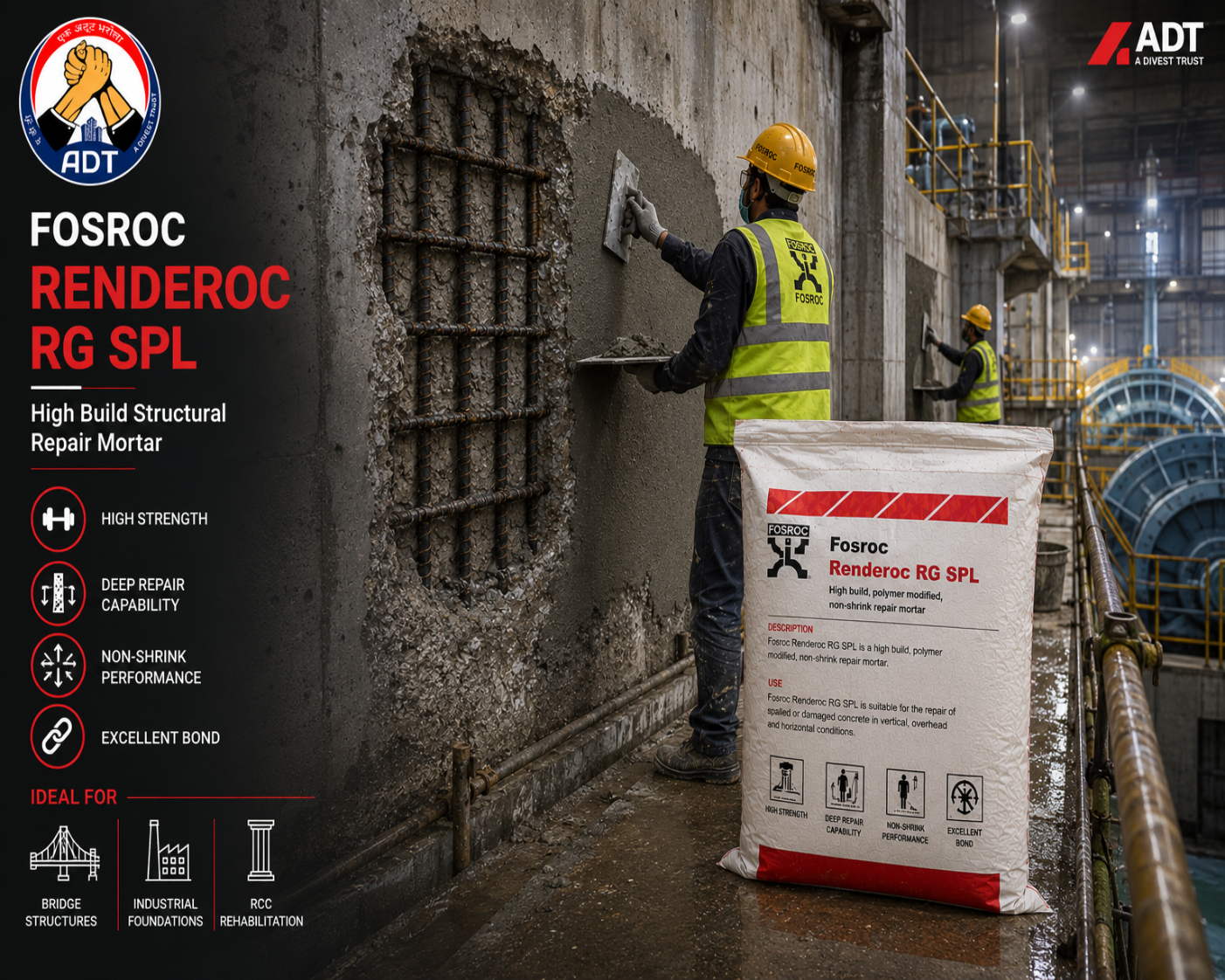 FOSROC RENDEROC RG SPL construction chemical — rapid-strength repair micro concrete fast-track structural concrete restoration India

