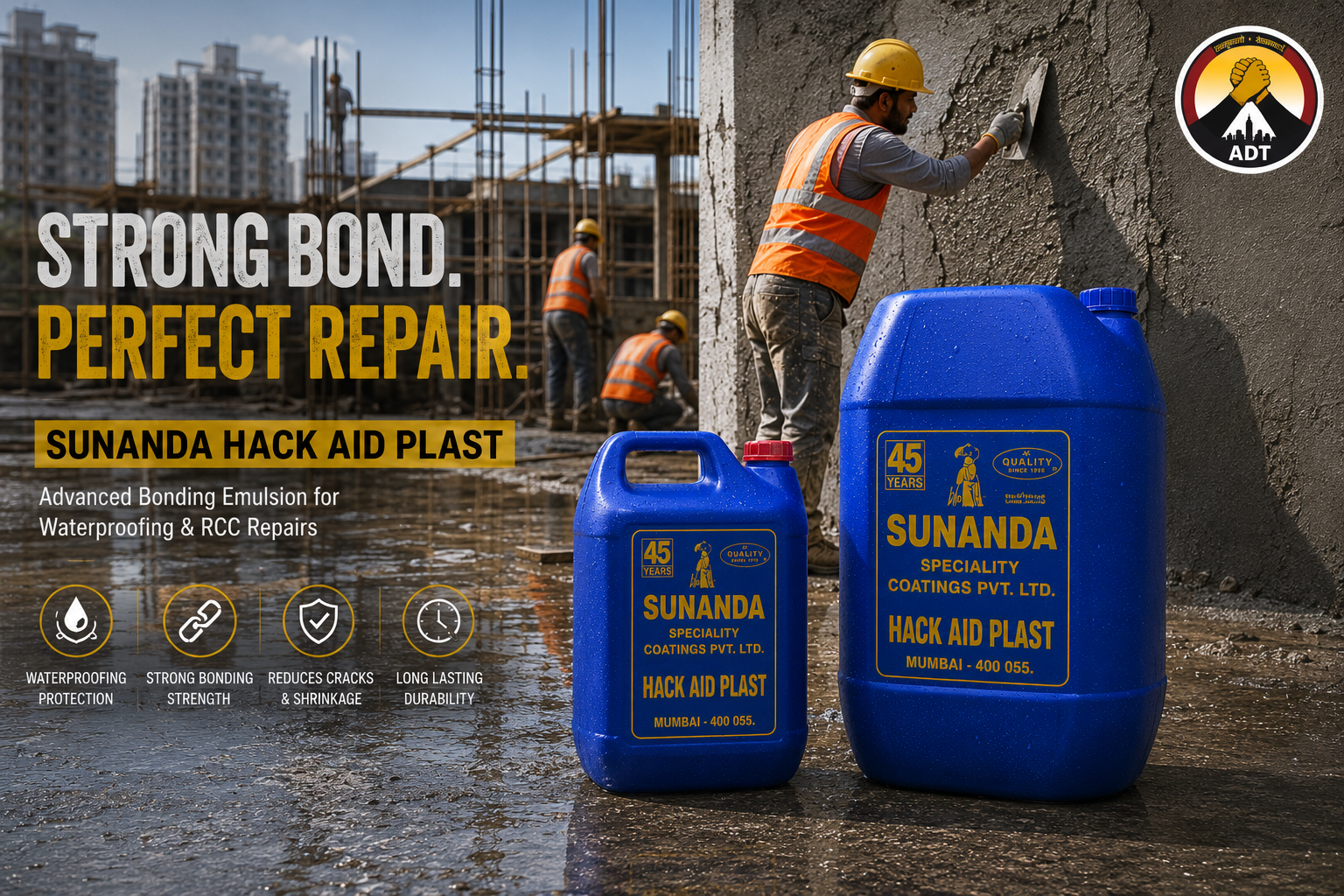 Hack Aid Plast applied on smooth concrete surface — polymer bonding agent creating adhesion key for plaster application India
