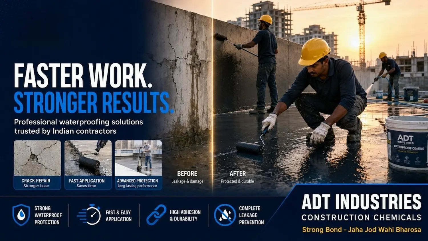 ADT Industries waterproofing chemicals hero banner — contractor applying waterproof coating on terrace, crack repair before and after, India
