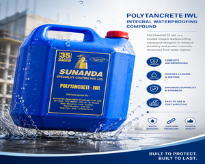 POLYTANCRETE IWL Integral Waterproofing Compound by Sunanda — blue 35L can with water splash, built to protect built to last

