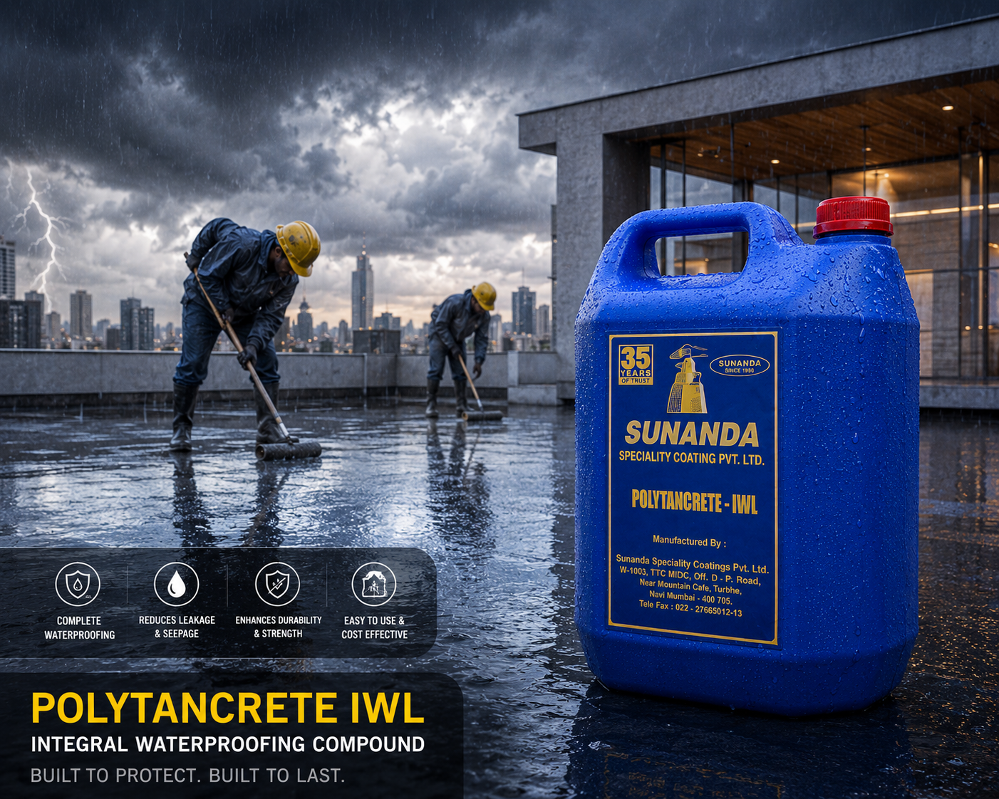 Worker applying POLYTANCRETE IWL integral waterproofing compound on concrete surface in wet conditions

