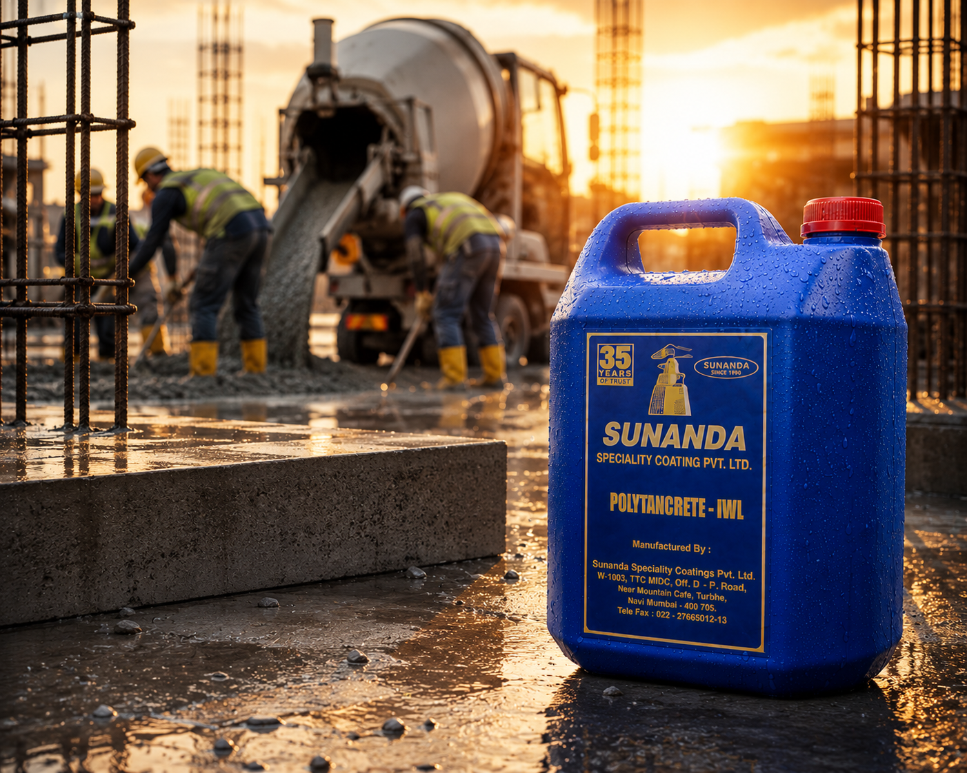POLYTANCRETE IWL waterproofing chemical at construction site during golden hour — durable concrete admixture for new construction

