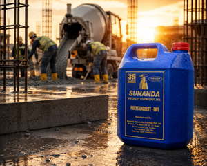 POLYTANCRETE IWL waterproofing chemical at construction site during golden hour — durable concrete admixture for new construction

