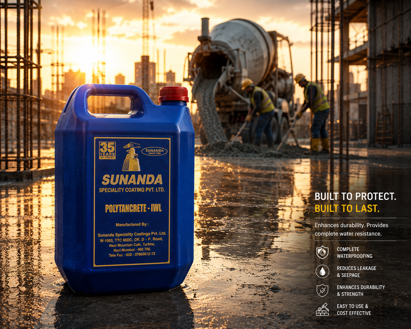 POLYTANCRETE IWL integral waterproofing compound for RCC construction — trusted waterproofing chemical by Sunanda Speciality Coating

