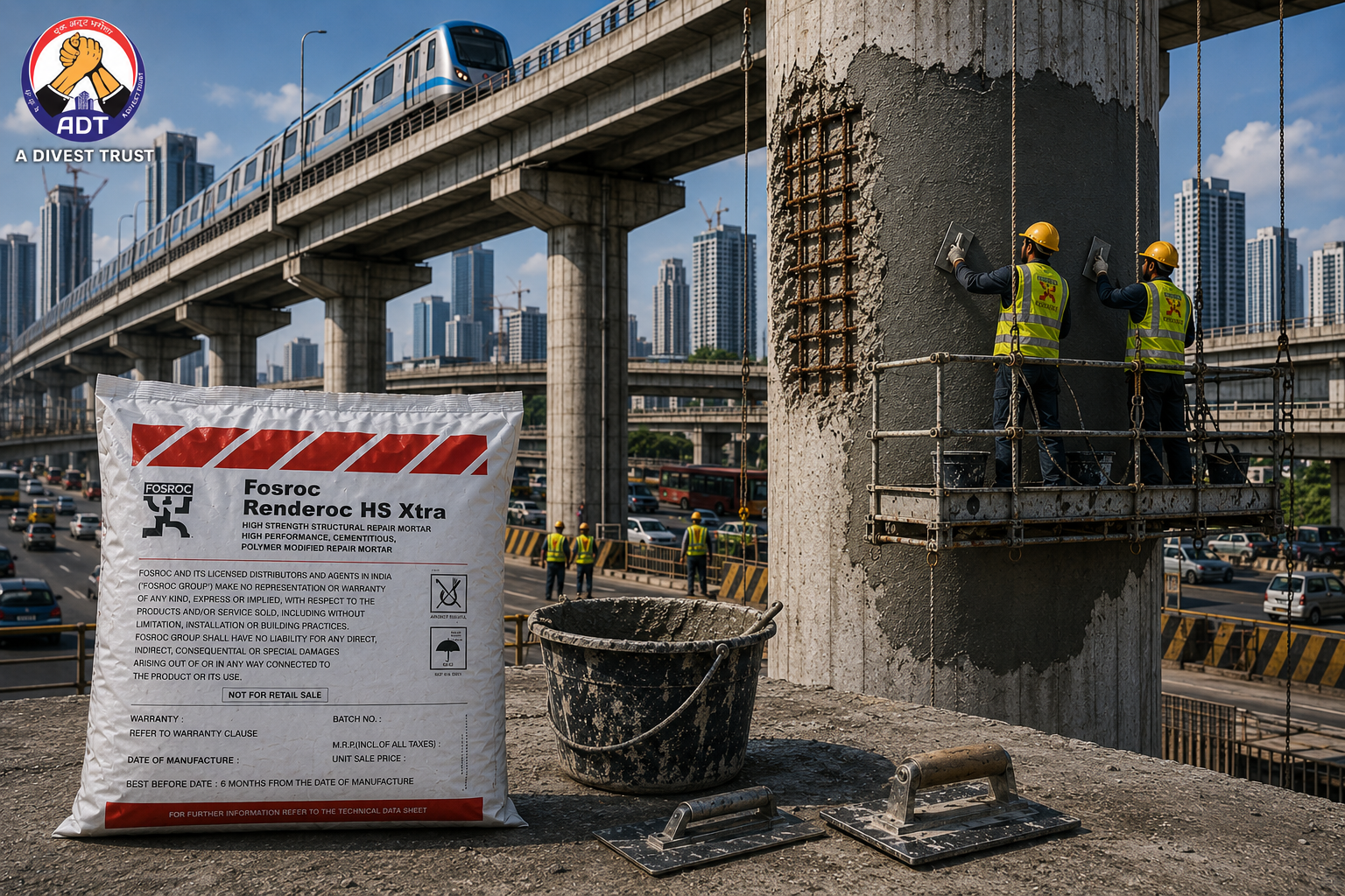 Fosroc Renderoc HS Xtra applied to damaged concrete column — rapid-setting high-strength repair mortar structural restoration India