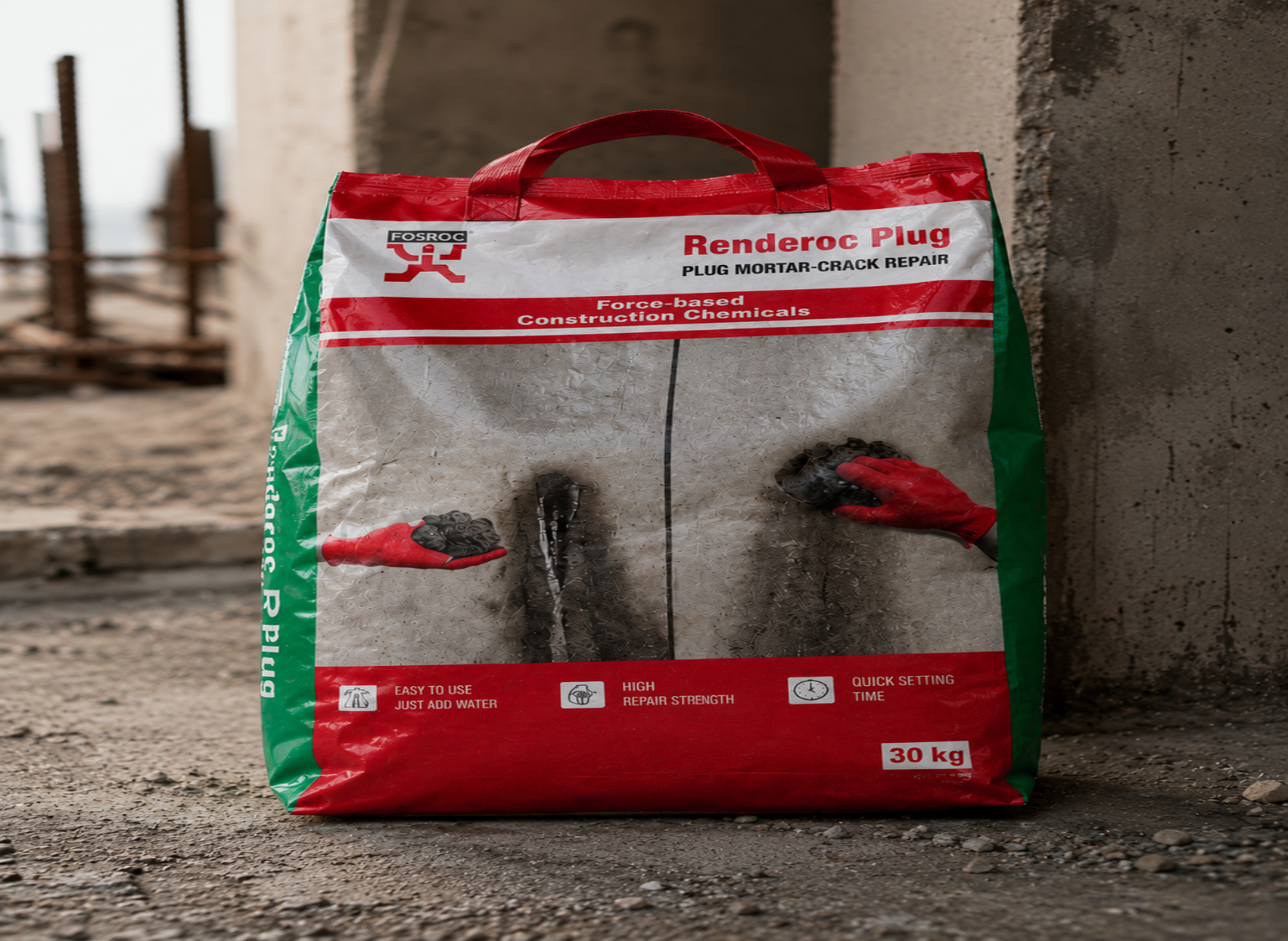Renderoc Plug rapid-setting plug mortar 30kg bag on construction site


