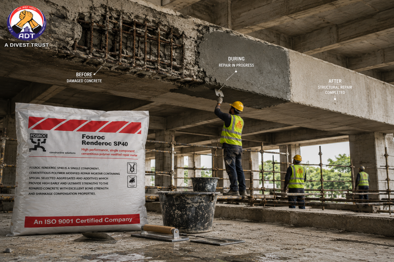 40 MPa repair mortar Renderoc SP 40 being trowel-applied to damaged concrete column — structural restoration India
