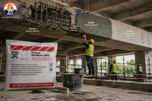 40 MPa repair mortar Renderoc SP 40 being trowel-applied to damaged concrete column — structural restoration India

