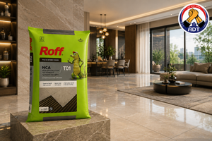 Roff T01 NCA combed onto a wall with a notched trowel