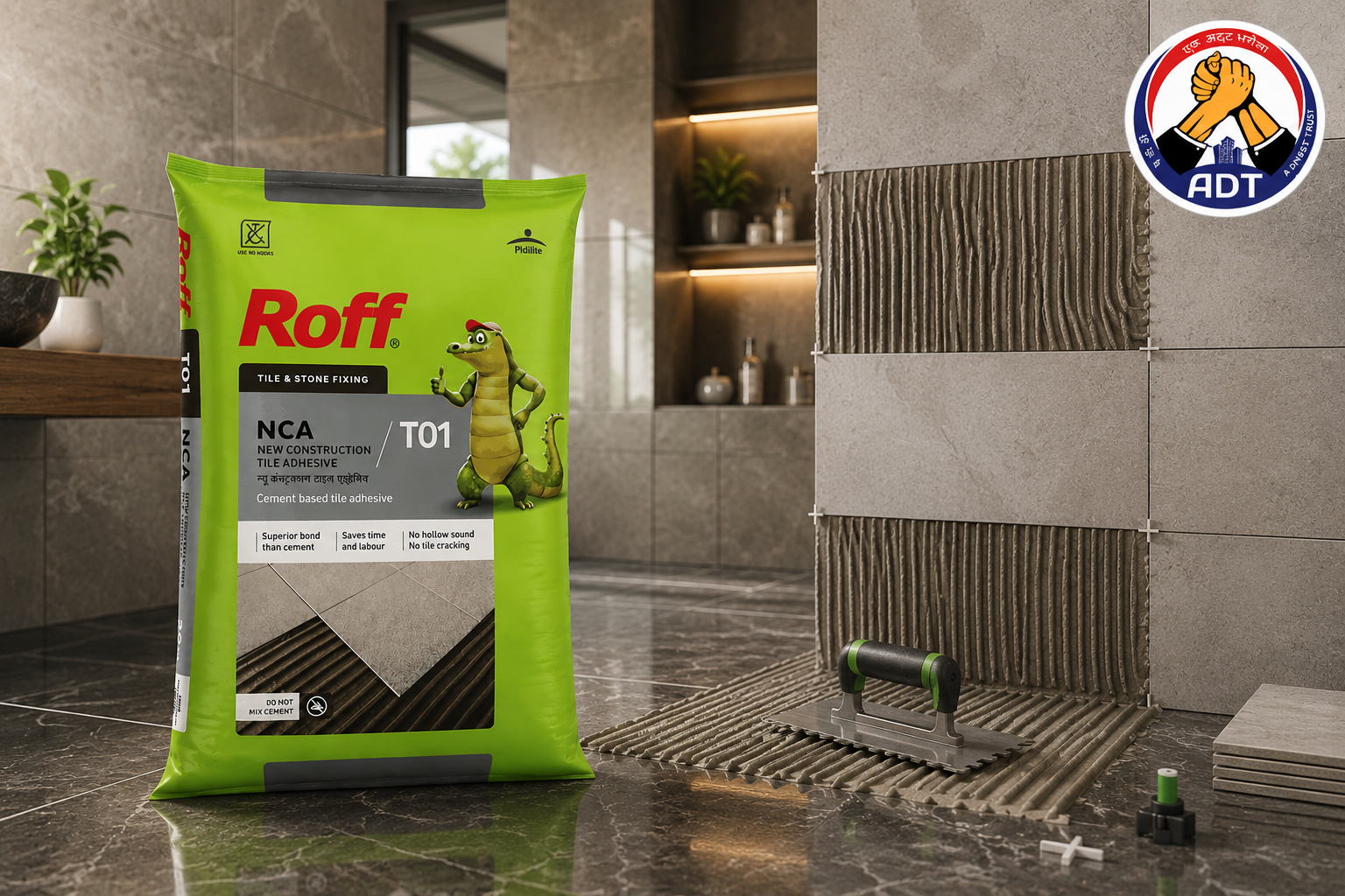 Roff T01 NCA fixing ceramic tiles on an interior floor