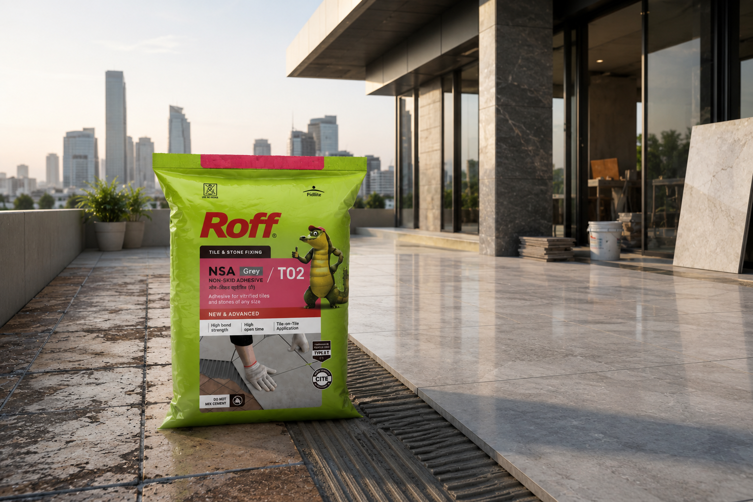 Roff T02 NSA non-skid adhesive holding stone tiles on a vertical surface