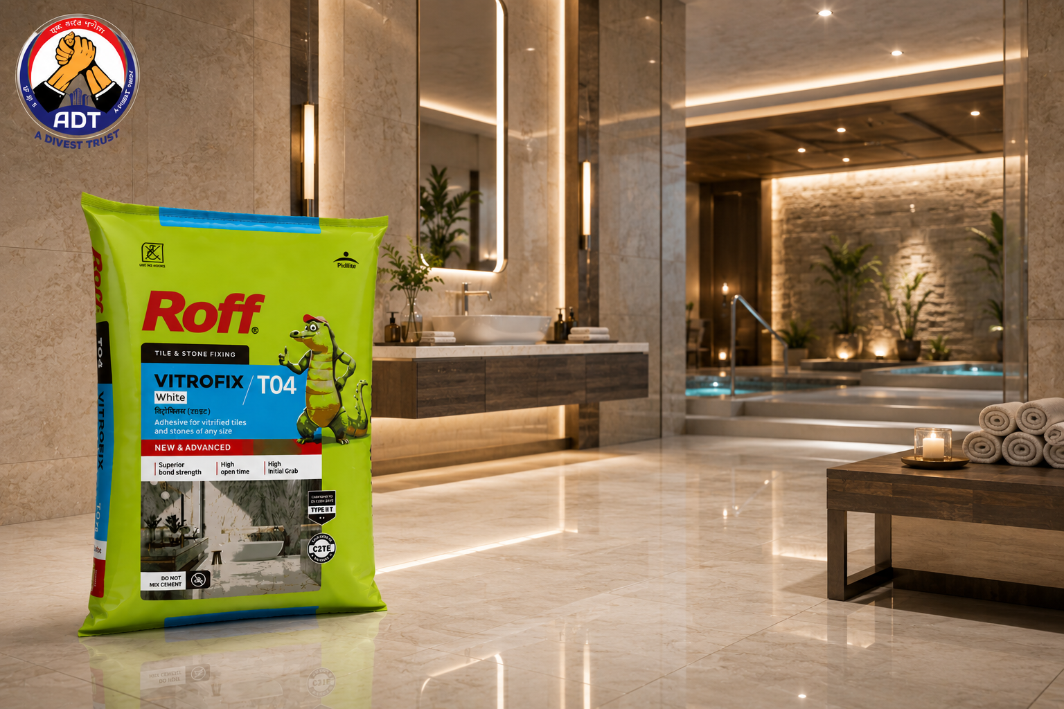 Roff T04 Vitrofix white adhesive combed onto a wall for marble