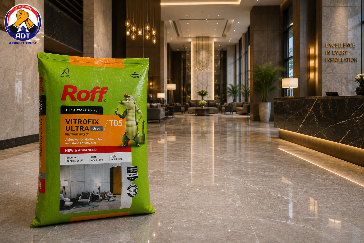 Roff T05 Vitrofix Ultra combed onto a wall for heavy stone tiles