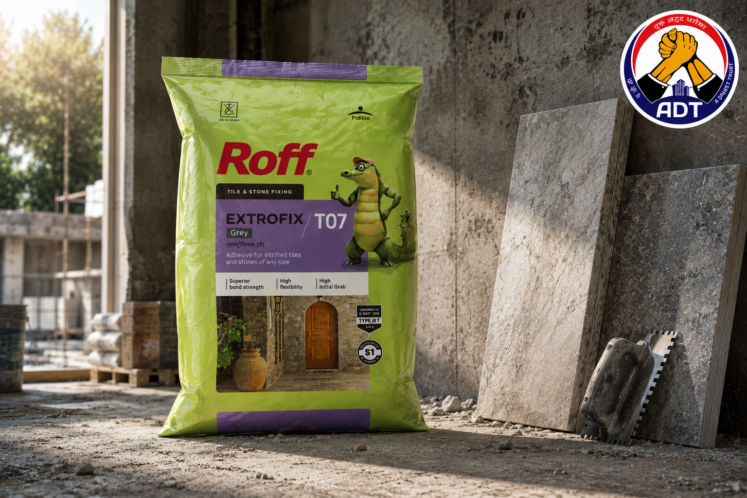 Roff T07 Extrofix deformable adhesive holding marble on a wall