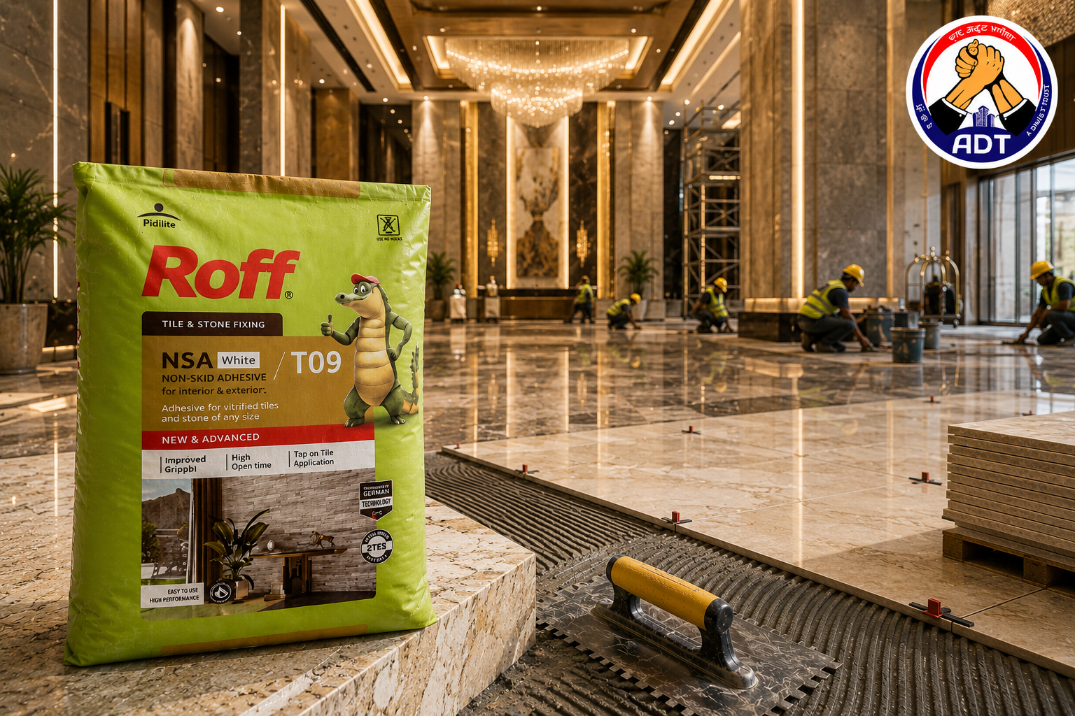 Roff T09 NSA white adhesive combed onto a wall for marble tiles