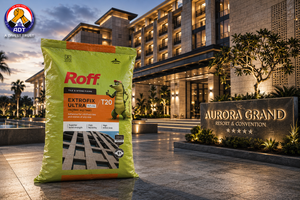 Roff T20 Extrofix Ultra white adhesive combed onto a facade for large marble tiles