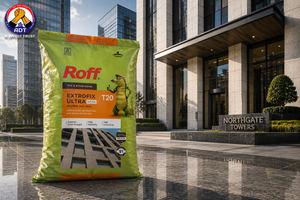Roff T20 Extrofix Ultra white adhesive combed onto a facade for large marble tiles