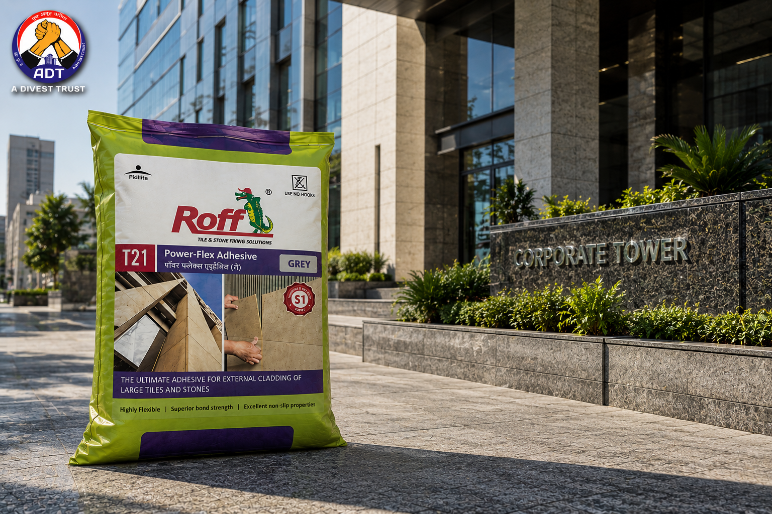 Roff T21 Extrofix Ultra flexible adhesive holding heavy stone on a facade