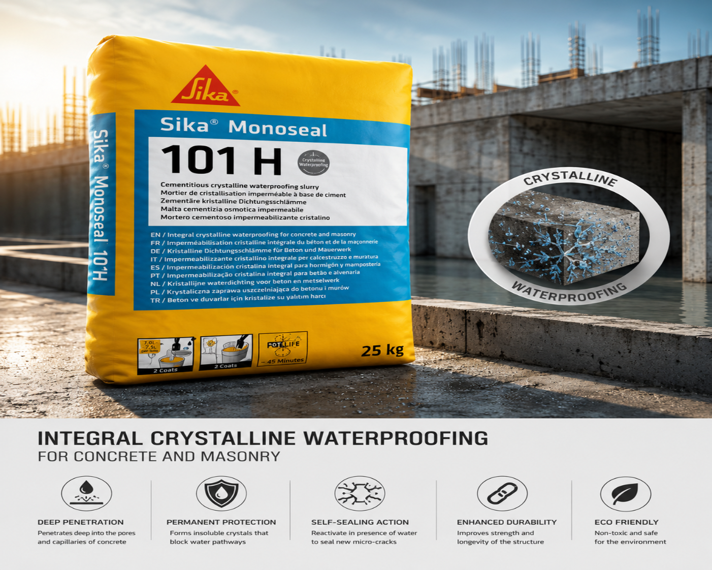 Sika 101H — crystalline waterproofing material by Sika India for permanent surface-applied concrete and masonry waterproofing




