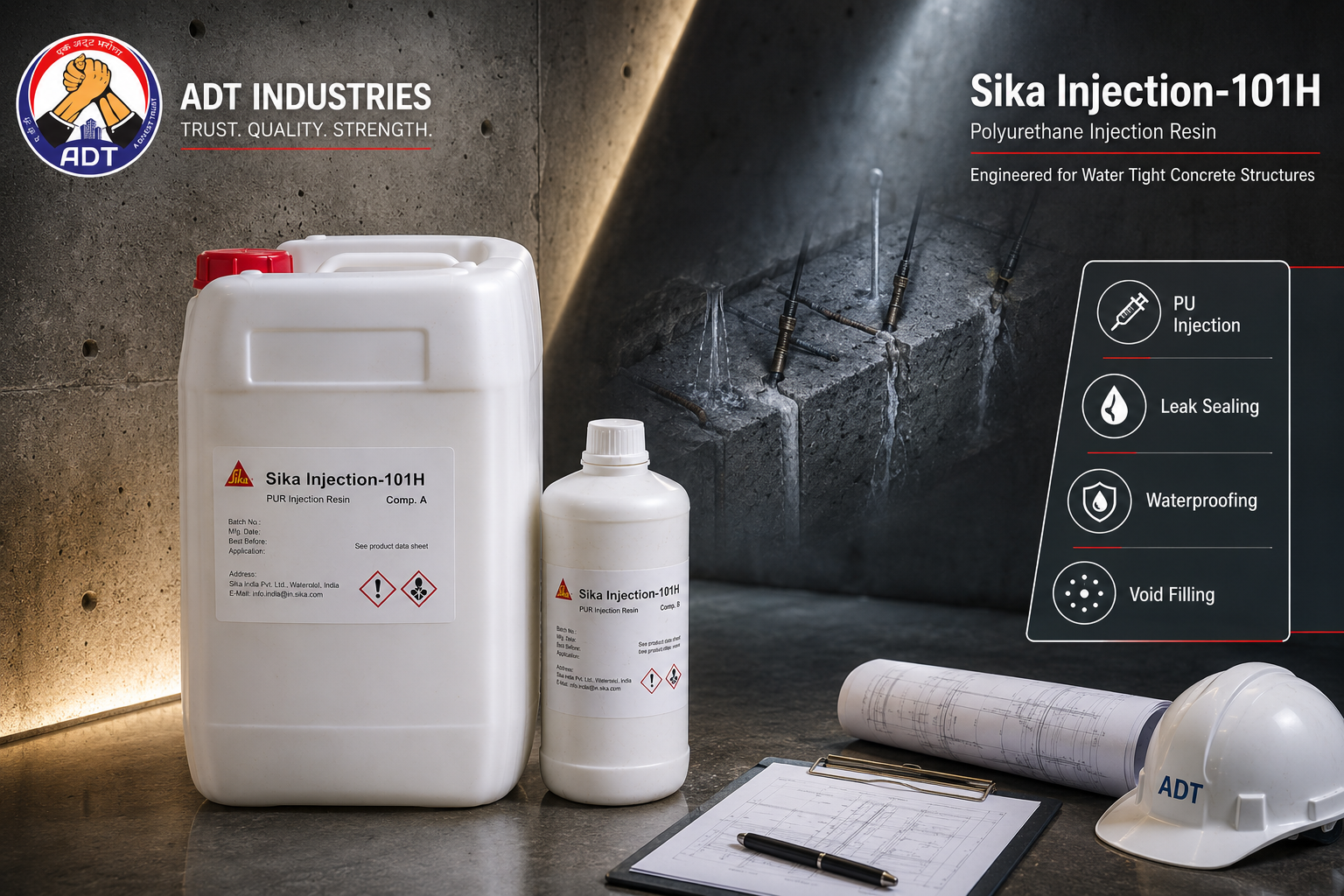 Sika Injection-101H hydrophilic PU injection grout — active water leakage stopping flexible crack sealing below-grade concrete India