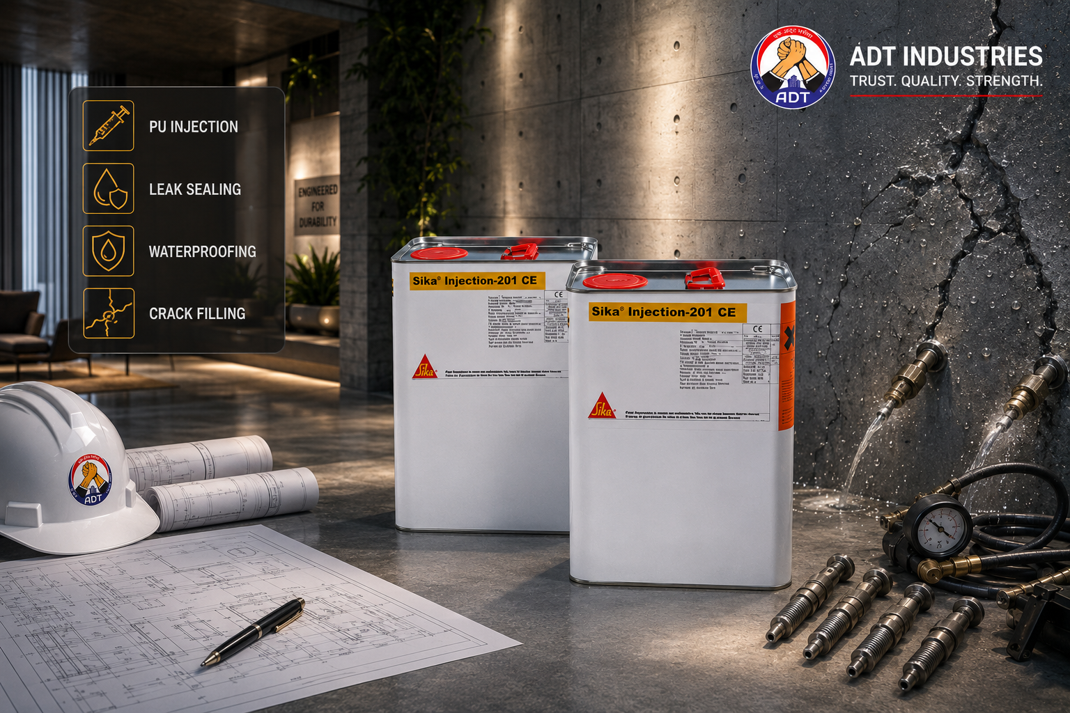 Sika Injection-201 CE hydrophobic PU injection grout — flexible crack sealing joint waterproofing below-grade concrete structures India

