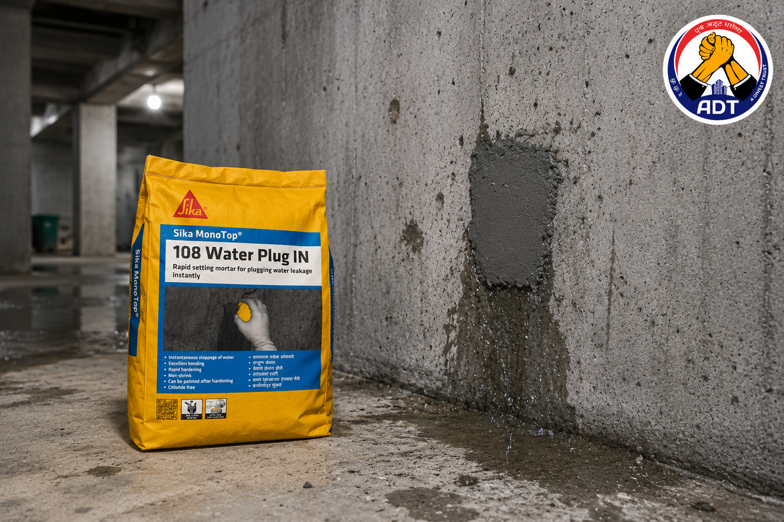 Sika MonoTop-108 Water Plug IN rapid-setting plug mortar — stops active water leaks through cracks and joints in concrete India