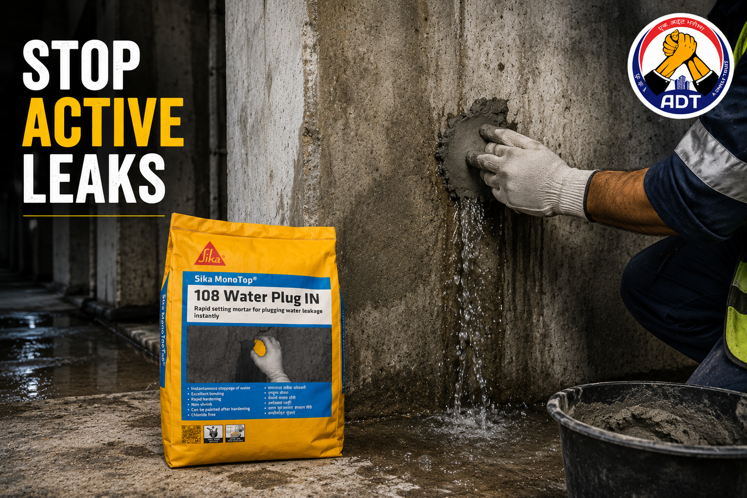 Sika MonoTop-108 Water Plug IN product packaging — rapid-setting leak plugging mortar Sika India for basement and concrete