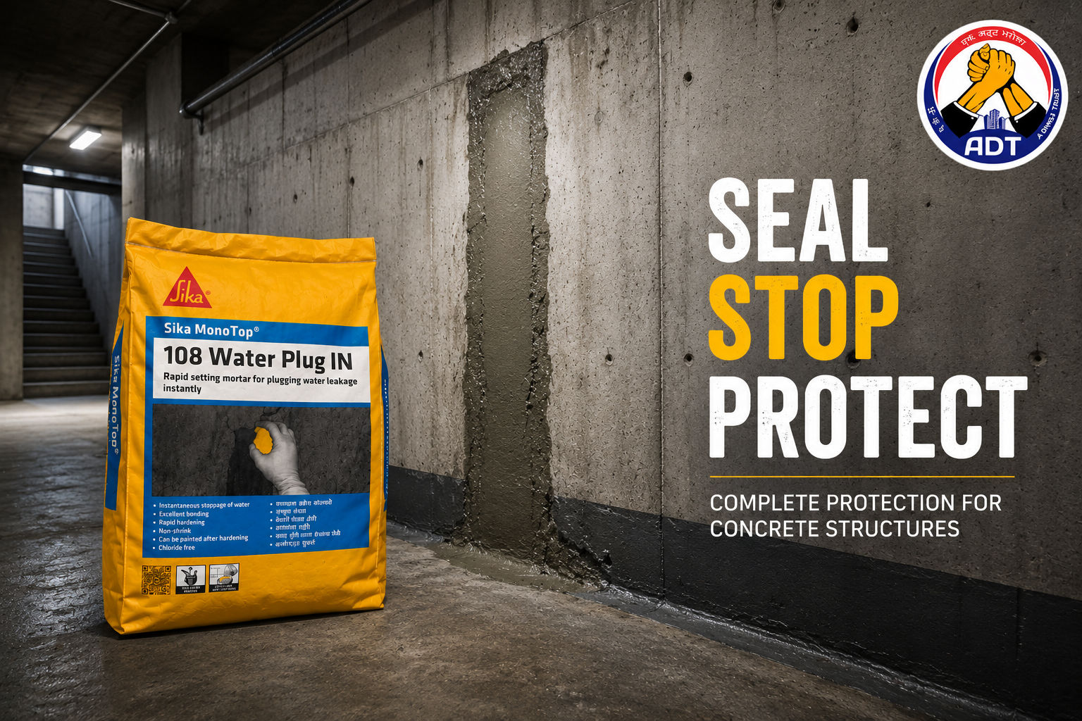 Sika MonoTop-108 Water Plug IN sealing active water seepage at construction joint — plug mortar for basement and tunnel India